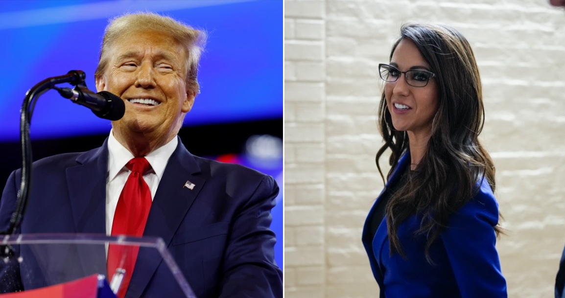 Former President Donald Trump, left; Republican Rep. Lauren Boebert, of Colorado, right.