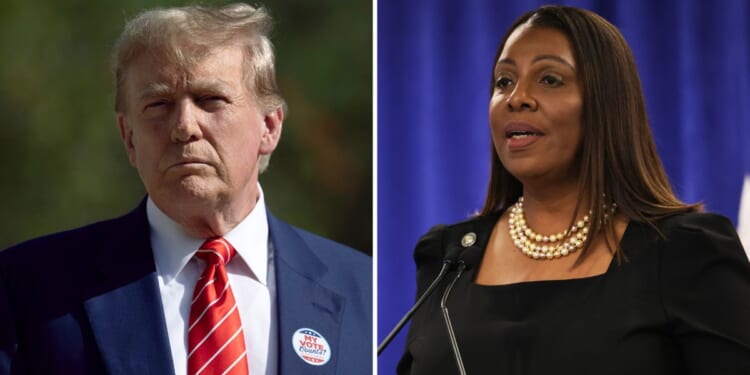 Former President Donald Trump speaks to the media on Tuesday in Palm Beach, Florida. New York Attorney General Letitia James speaks during a news conference on Feb. 16 in New York City.