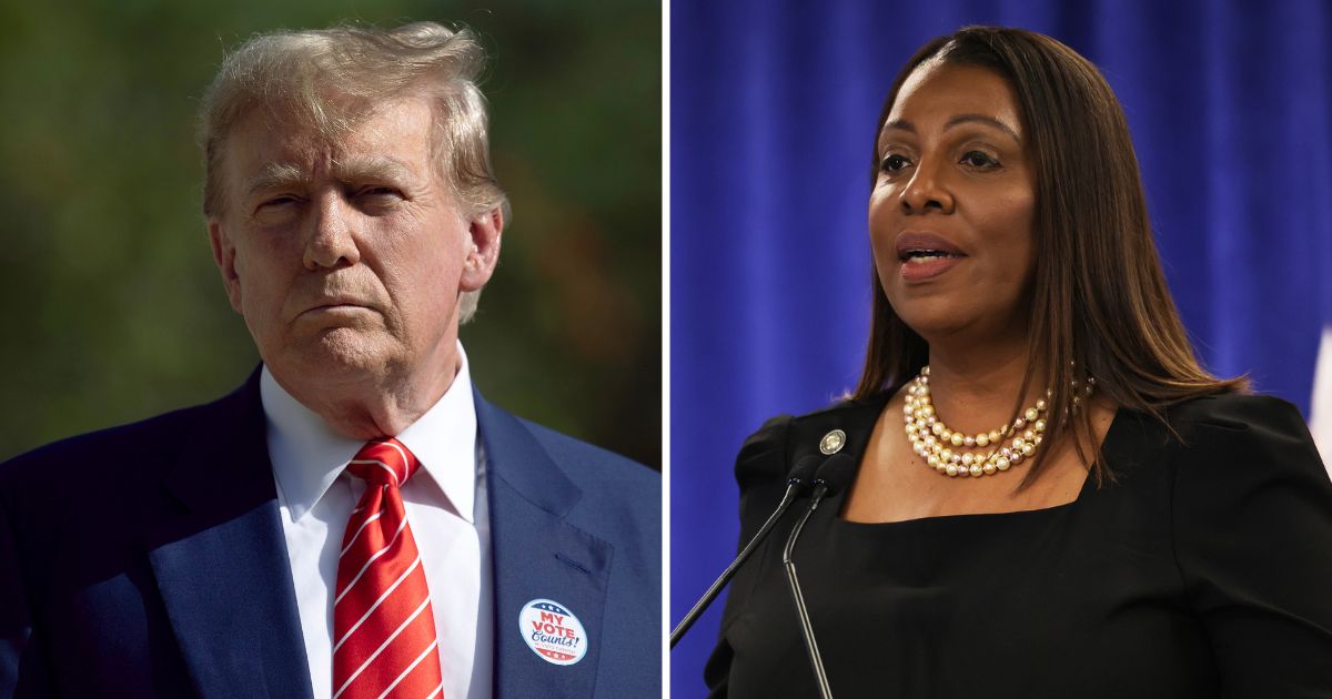 Former President Donald Trump speaks to the media on Tuesday in Palm Beach, Florida. New York Attorney General Letitia James speaks during a news conference on Feb. 16 in New York City.