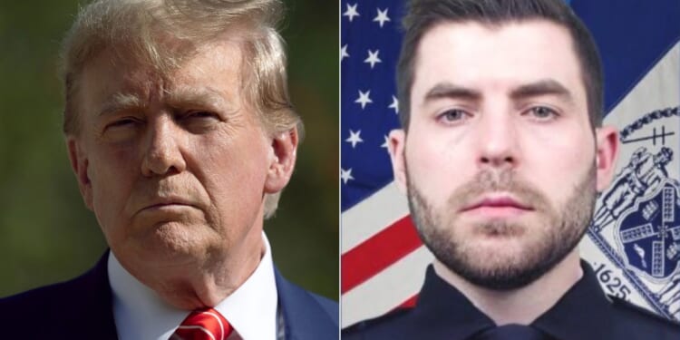 On Monday Officer Jonathan Diller, right, was killed in the line of duty in New York City. Former President Donald Trump, left, will be attending the wake on Thursday.