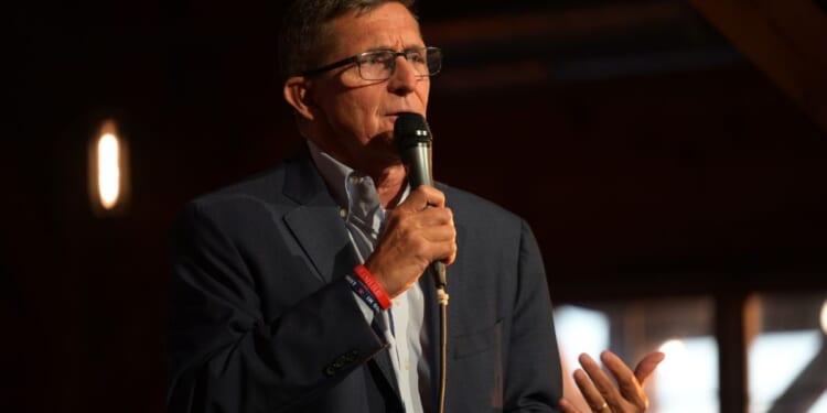 Michael Flynn speaks at a campaign event for U.S. Senate candidate Josh Mandel on April 21, 2022, in Brunswick, Ohio.