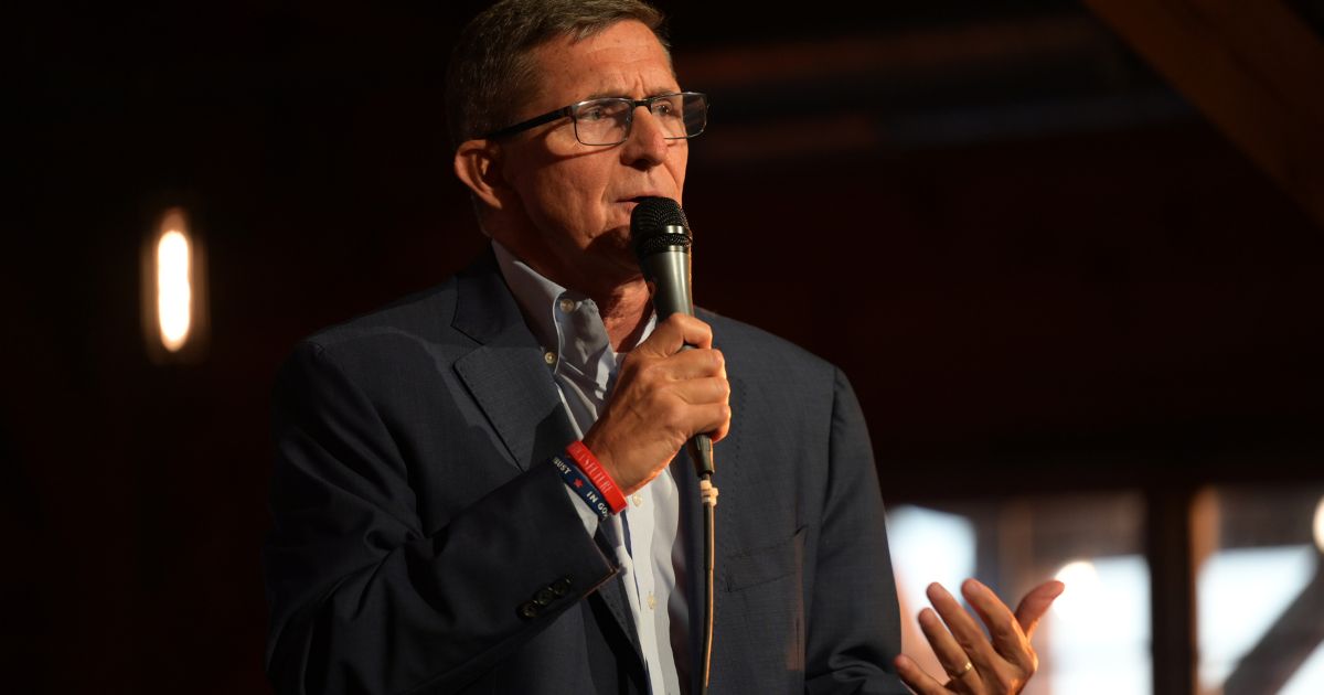 Michael Flynn speaks at a campaign event for U.S. Senate candidate Josh Mandel on April 21, 2022, in Brunswick, Ohio.