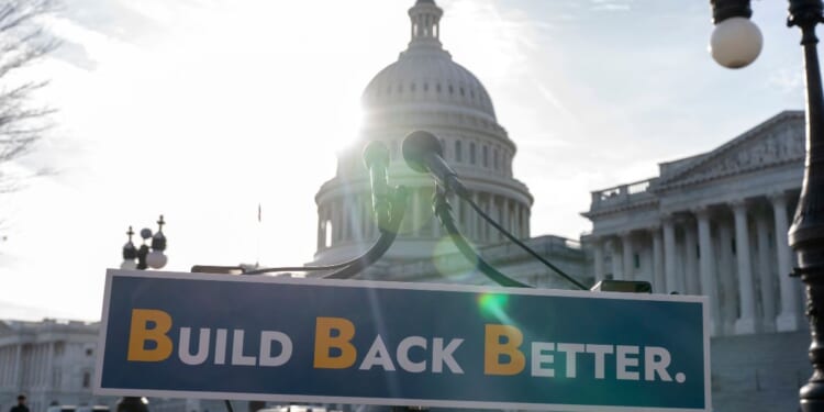 With the U.S. Capitol dome in the background, a sign that reads "Build Back Better" is displayed in Washington, D.C.