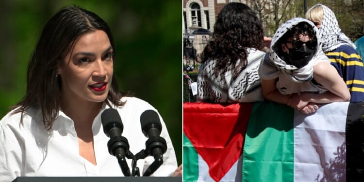 Rep. Alexandria Ocasio-Cortez, left, at a Monday Earth Day event in Triangle, Virginia; right, pro-Hamas protesters on the campus of Columbia University in New York City on Thursday.