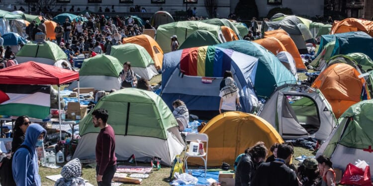 An encampment set up by anti-Israel protesters on the Columbia University campus in New York is seen on Tuesday.