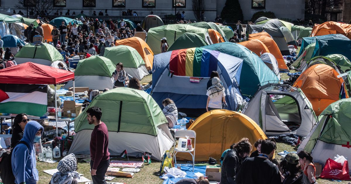 An encampment set up by anti-Israel protesters on the Columbia University campus in New York is seen on Tuesday.