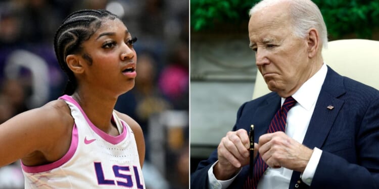 At left, Angel Reese rests during a break in LSU's game against Coppin State University in Baltimore on Dec. 20. At right, President Joe Biden listens during a meeting in the Oval Office of the White House in Washington on April 15.