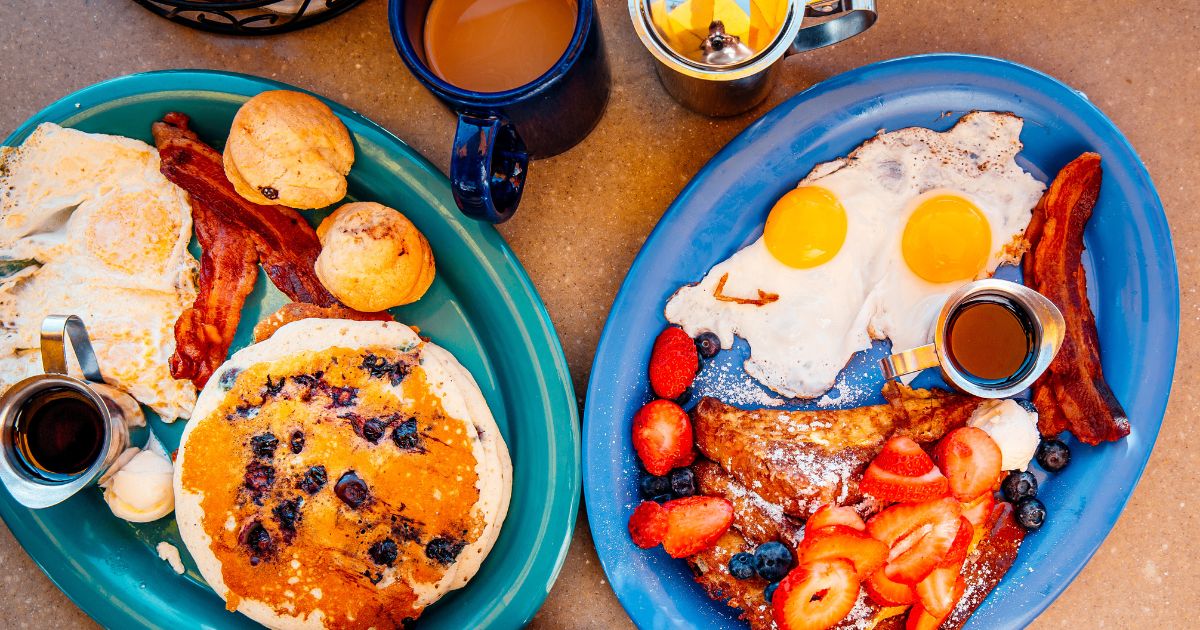 This Getty stock image shows an aerial view of two breakfast plates, and a cup of coffee.