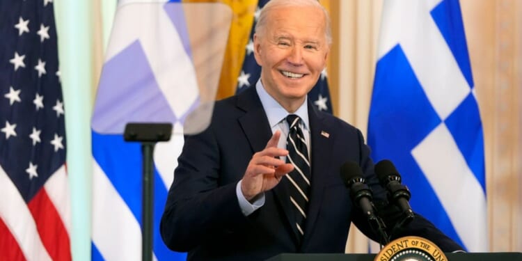 President Joe Biden speaks during Thursday's reception celebrating Greek Independence Day in the East Room of the White House in Washington.