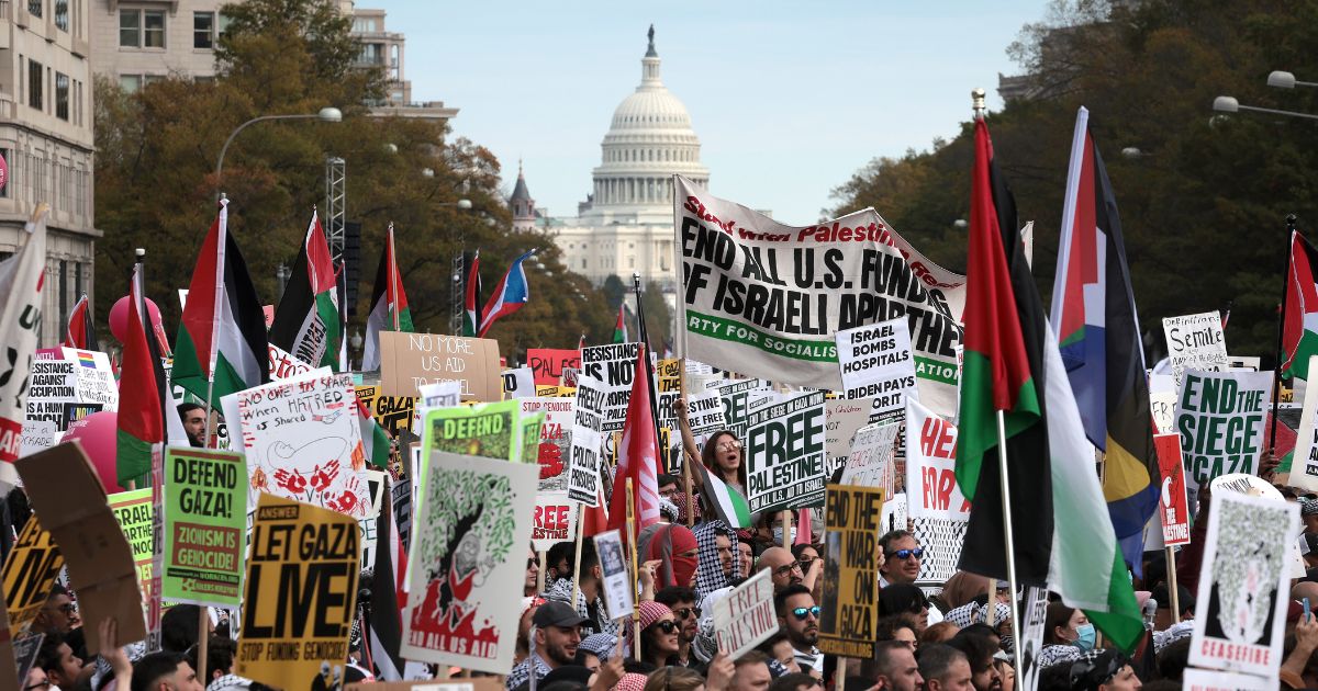 Protesters gather in Freedom Plaza during the National March on Washington, calling for a ceasefire between Israel and Hamas on Nov. 4, 2023 in Washington, D.C.