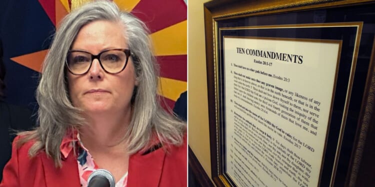 At left, Arizona Gov. Katie Hobbs speaks to reporters at the state Capitol in Phoenix on April 9. At right, the Ten Commandments are displayed in the Tattnall County Courthouse in Reidsville, Georgia, on Feb. 8, 2010.