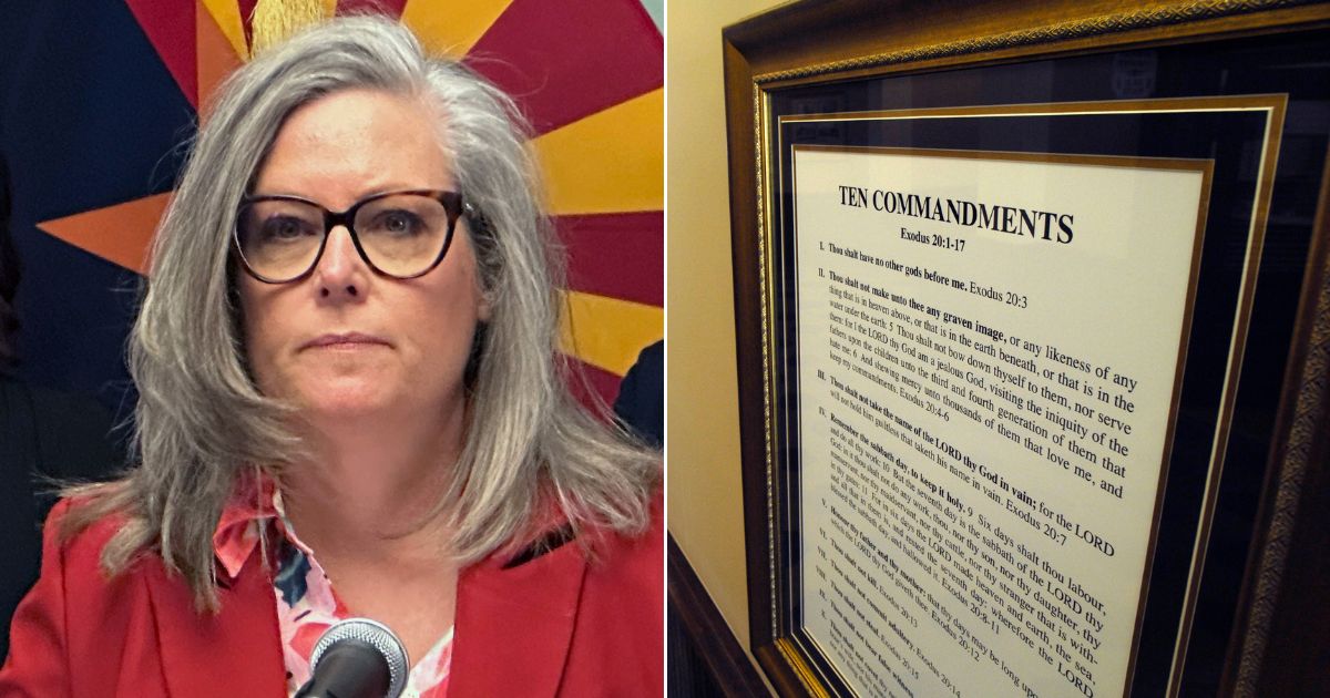 At left, Arizona Gov. Katie Hobbs speaks to reporters at the state Capitol in Phoenix on April 9. At right, the Ten Commandments are displayed in the Tattnall County Courthouse in Reidsville, Georgia, on Feb. 8, 2010.