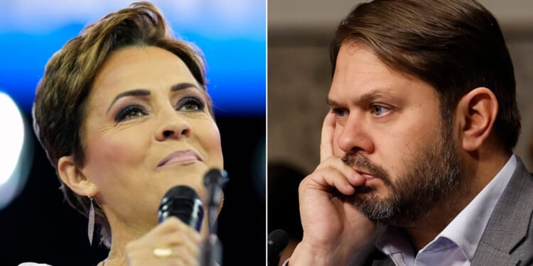 At left, Republican Arizona Senate candidate Kari Lake speaks at the Conservative Political Action Conference at National Harbor in Oxon Hill, Maryland, on Feb. 24. At right, Rep. Ruben Gallego listens to testimony during a hearing in the Dirksen Senate Office Building on Capitol Hill in Washington on Dec. 13, 2022.