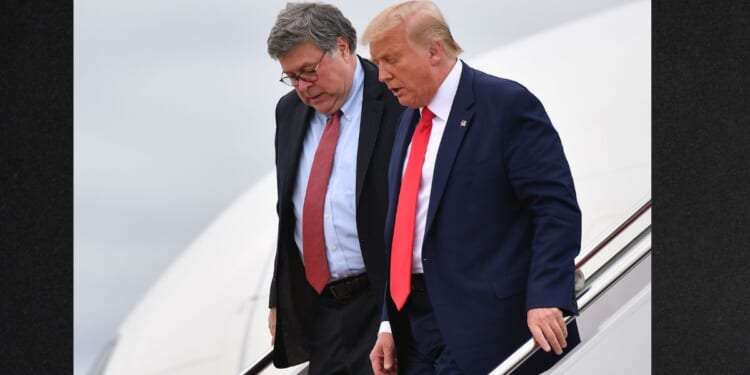 Then-President Donald Trump, right, and U.S. Attorney General William Barr are seen stepping off Air Force One upon arrival at Andrews Air Force Base in Maryland on September 1, 2020.