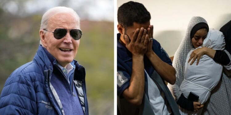 President Joe Biden at the White House Friday. At right, members of the Abu Draz family mourn their relatives killed in the Israeli bombardment of the Gaza Strip, at their house in Rafah, southern Gaza, Thursday.