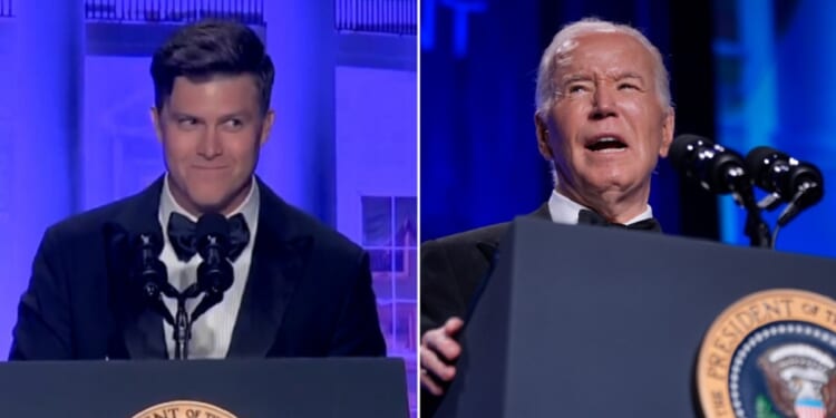 "Saturday Night Live" comedian Colin Jost, left; President Joe Biden, right, at the White House correspondents dinner on Saturday in Washington.