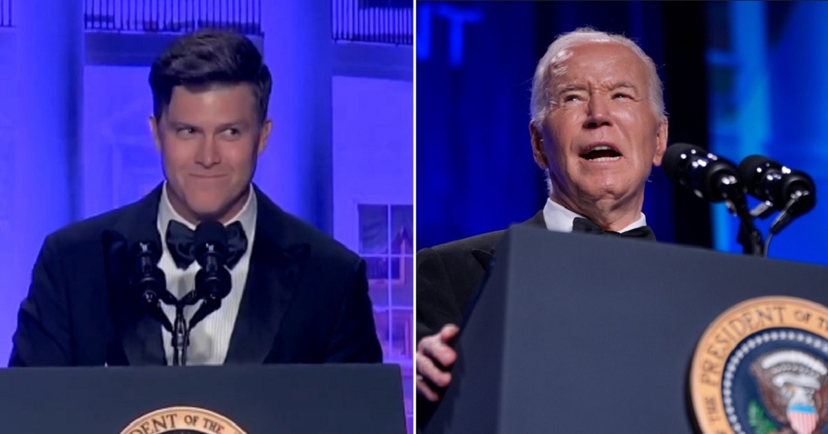 "Saturday Night Live" comedian Colin Jost, left; President Joe Biden, right, at the White House correspondents dinner on Saturday in Washington.