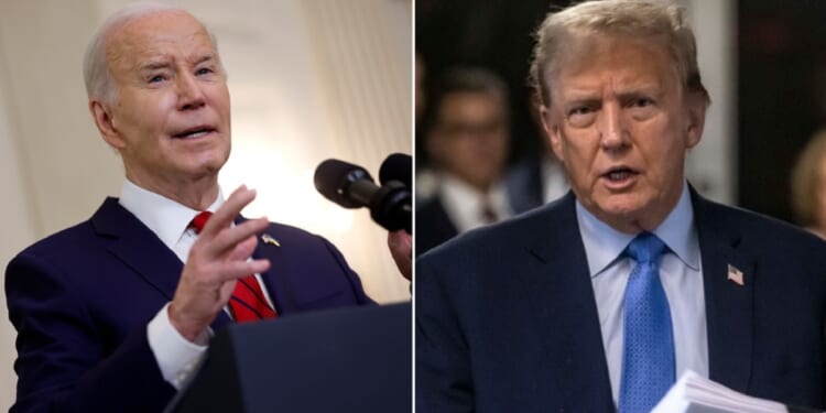 President Joe Biden, left, pictured at the White House on Wednesday; former President Donald Trump, pictured outside a Manhattan courtroom on Friday.