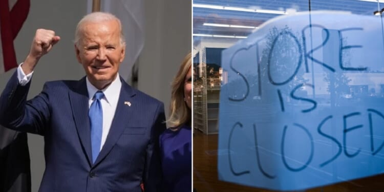 President Joe Biden smiles and pumps his fist in the air, left; a closed Bed Bath and Beyond location in Hawthorne, California, right.