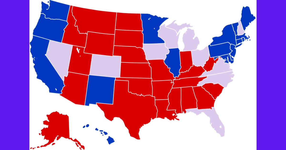 a map of the U.S. with red, blue and swing states illustrated