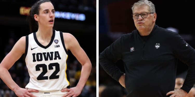 University of Iowa point guard Caitlin Clark, left, and University of Connecticut coach Geno Auriemma.