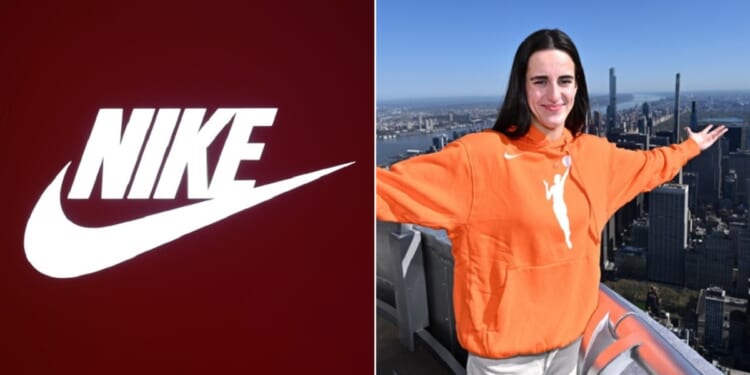 Nike logo, left; right, women's college basketball star and incoming WNBA player Caitlin Clark in an April 15 photo taken at the top of the Empire State Building in New York.