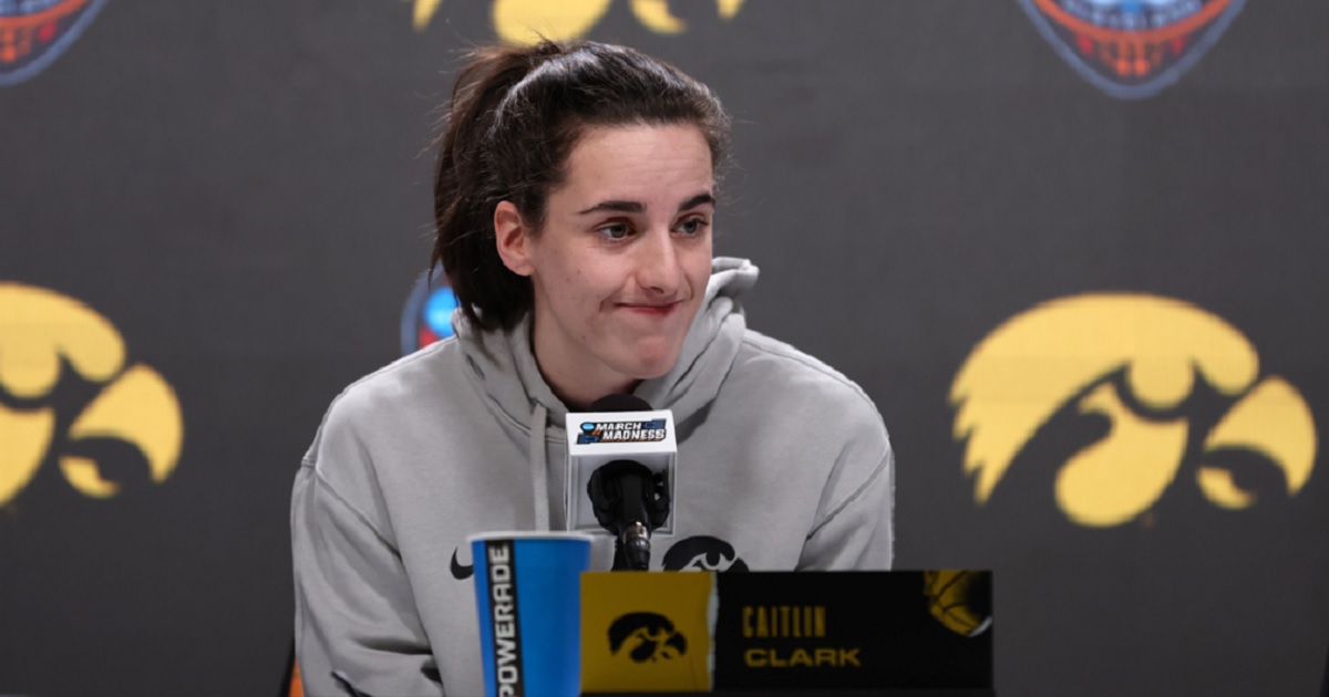 Caitlin Clark of the Iowa Hawkeyes speaks to media Saturday ahead of the 2024 NCAA Women's Final Four National Championship against the South Carolina Gamecocks at Rocket Mortgage Fieldhouse in Cleveland.