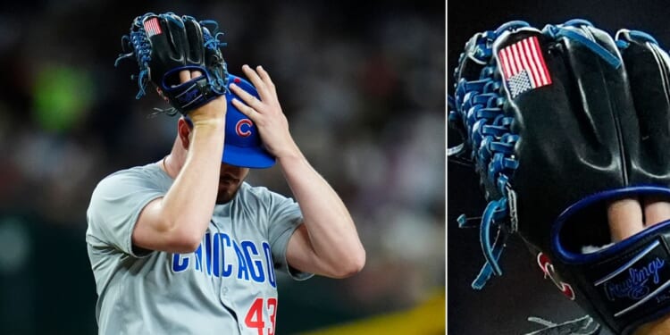 Chicago Cubs relief pitcher Luke Little is seen wearing the American flag glove during the team's baseball game against the Arizona Diamondbacks April 16 in Phoenix. A close-up, right, shows a better view of the flag.