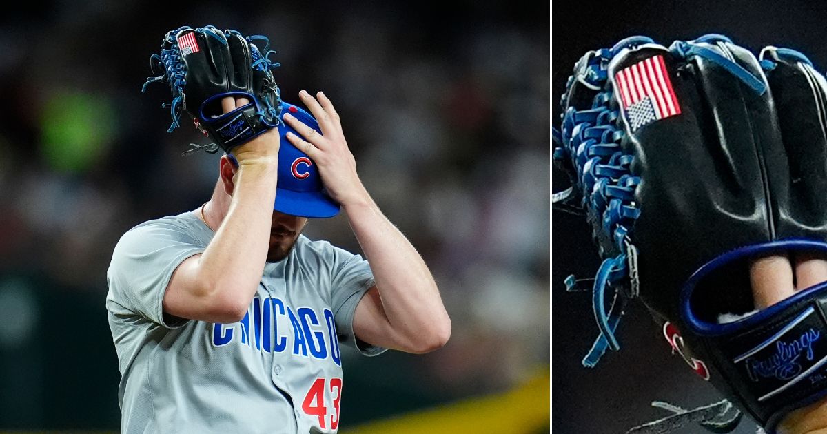 Chicago Cubs relief pitcher Luke Little is seen wearing the American flag glove during the team's baseball game against the Arizona Diamondbacks April 16 in Phoenix. A close-up, right, shows a better view of the flag.