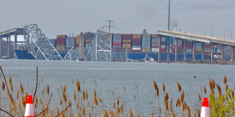 The cargo ship Dali is pictured after its collision with the Francis Scott Key Bridge last week in Baltimore.