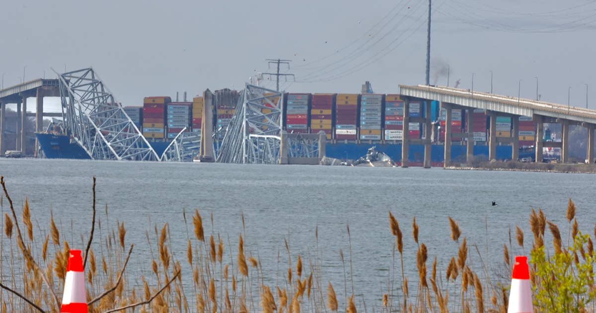 The cargo ship Dali is pictured after its collision with the Francis Scott Key Bridge last week in Baltimore.