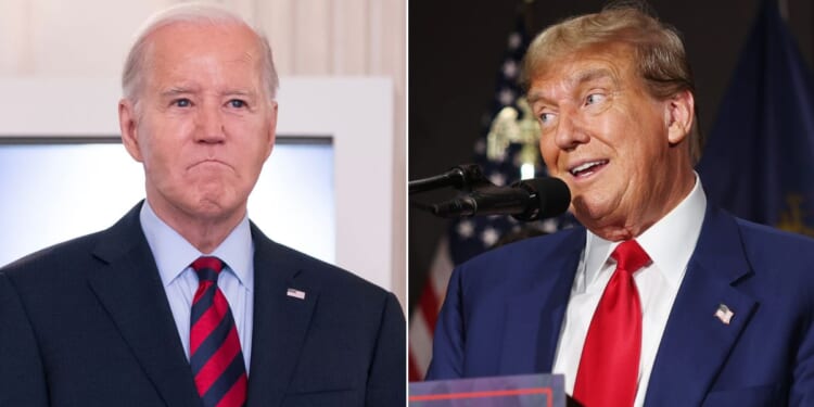 At left, President Joe Biden attends a meeting in the State Dining Room of the White House in Washington on March 5. At right, GOP presidential candidate and former President Donald Trump speaks at a campaign event in Grand Rapids, Michigan, on Tuesday.