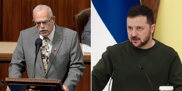 U.S. Rep. Gerald Connolly, left, in a file photo from the 2019 debate on impeaching then-President Donald Trump, speaks on the House floor on Saturday; Ukraine President Volodymyr Zelenskyy, right, in an April 3 file photo from Kyiv, Ukraine.