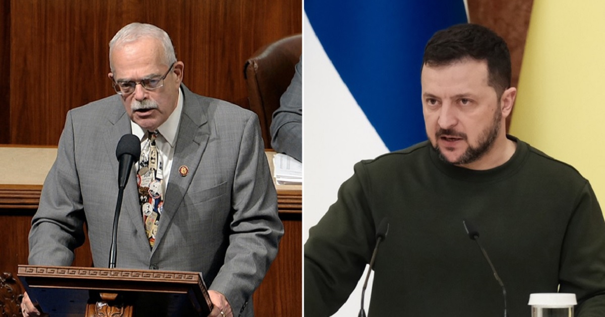 U.S. Rep. Gerald Connolly, left, in a file photo from the 2019 debate on impeaching then-President Donald Trump, speaks on the House floor on Saturday; Ukraine President Volodymyr Zelenskyy, right, in an April 3 file photo from Kyiv, Ukraine.