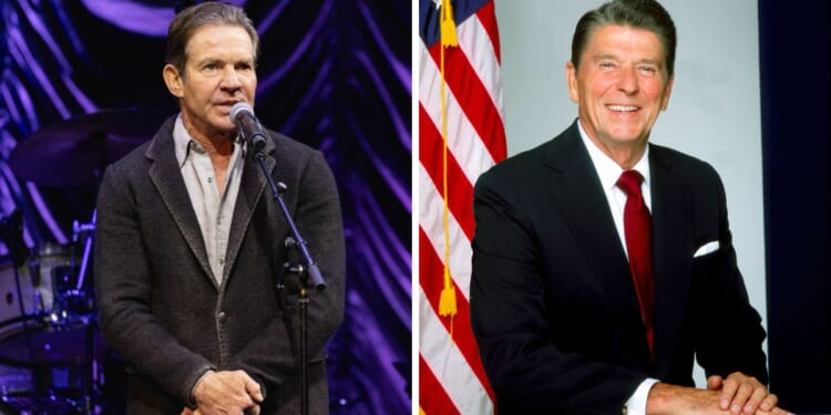 (L) Dennis Quaid speaks on stage during the 2024 Texas Songwriters Hall of Fame show at ACL Live on February 24, 2024 in Austin, Texas. (R) President Ronald Reagan poses for a portrait in 1980 in Los Angeles, California.