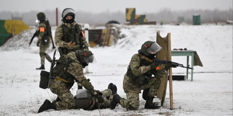 Cadets of the Military Academy of the Republic of Belarus condut training exercises in the region of the country's capital of Minsk in February 2023.