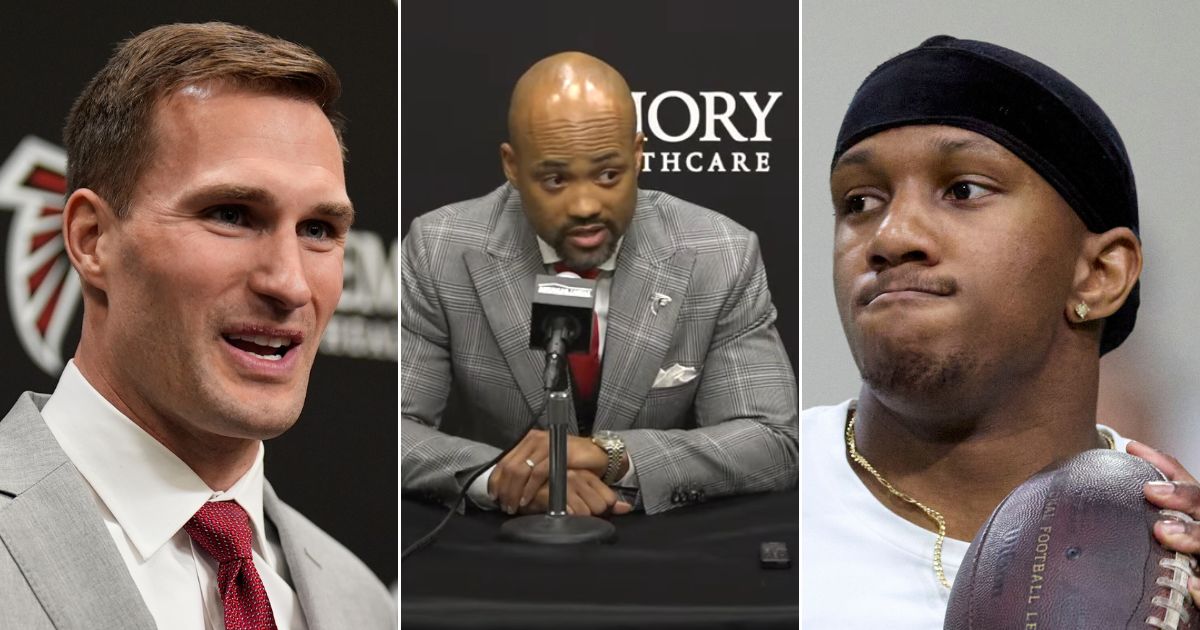 Atlanta Falcons GM Terry Fontenot, center, addresses his decision to draft Michael Penix Jr., right, one month after signing free agent quarterback Kirk Cousins, left.