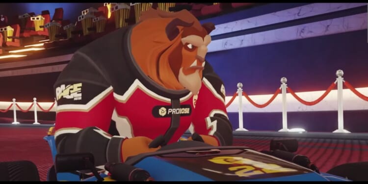 Famous Disney character The Beast driving a vehicle in "Disney Speedstorm."