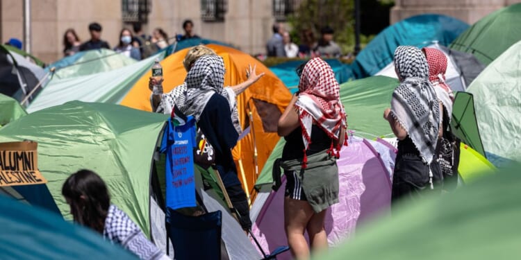 Anti-Israel demonstrators occupy the "Gaza Solidarity Encampment" on the West Lawn of Columbia University in New York City on Wednesday.