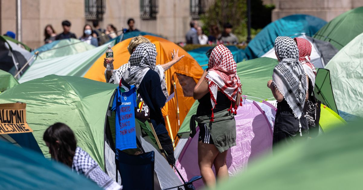 Anti-Israel demonstrators occupy the "Gaza Solidarity Encampment" on the West Lawn of Columbia University in New York City on Wednesday.