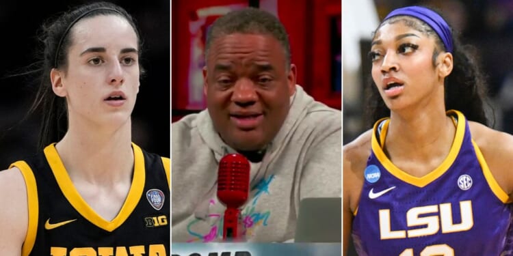 Sports commentator Jason Whitlock, center, made the claim on his podcast that newly-minted WNBA stars Caitlin Clark, left, and Angel Reese, right, are overpaid, not underpaid.