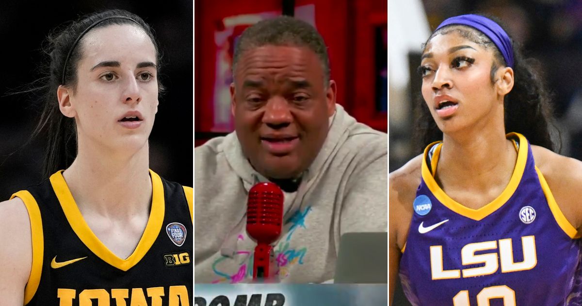 Sports commentator Jason Whitlock, center, made the claim on his podcast that newly-minted WNBA stars Caitlin Clark, left, and Angel Reese, right, are overpaid, not underpaid.