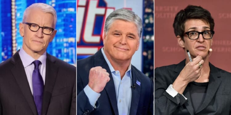 CNN's Anderson Cooper, left; Fox News' Sean Hannity, center; MSNBC's Rachel Maddow, right.