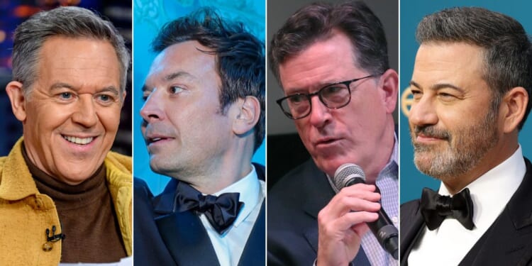 Fox News has signed late-night host Greg Gutfeld, left, to a new contract, which is bad news for competitors, from left, Jimmy Fallon, Stephen Colbert and Jimmy Kimmel.