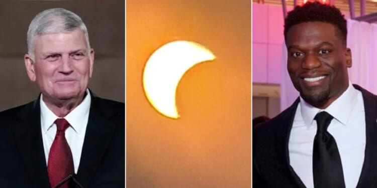 Evangelist Franklin Graham, left; Monday's eclipse, center; former NFL player and pro-life activist Benjamin Watson, right.