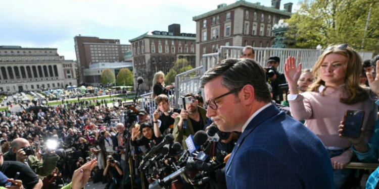 Speaker of the House Mike Johnson takes questions from the media after meeting with Jewish students, as pro-Palestinian students and activists continue to protest the Israel-Hamas war on the campus of Columbia University in New York City Wedmesday.