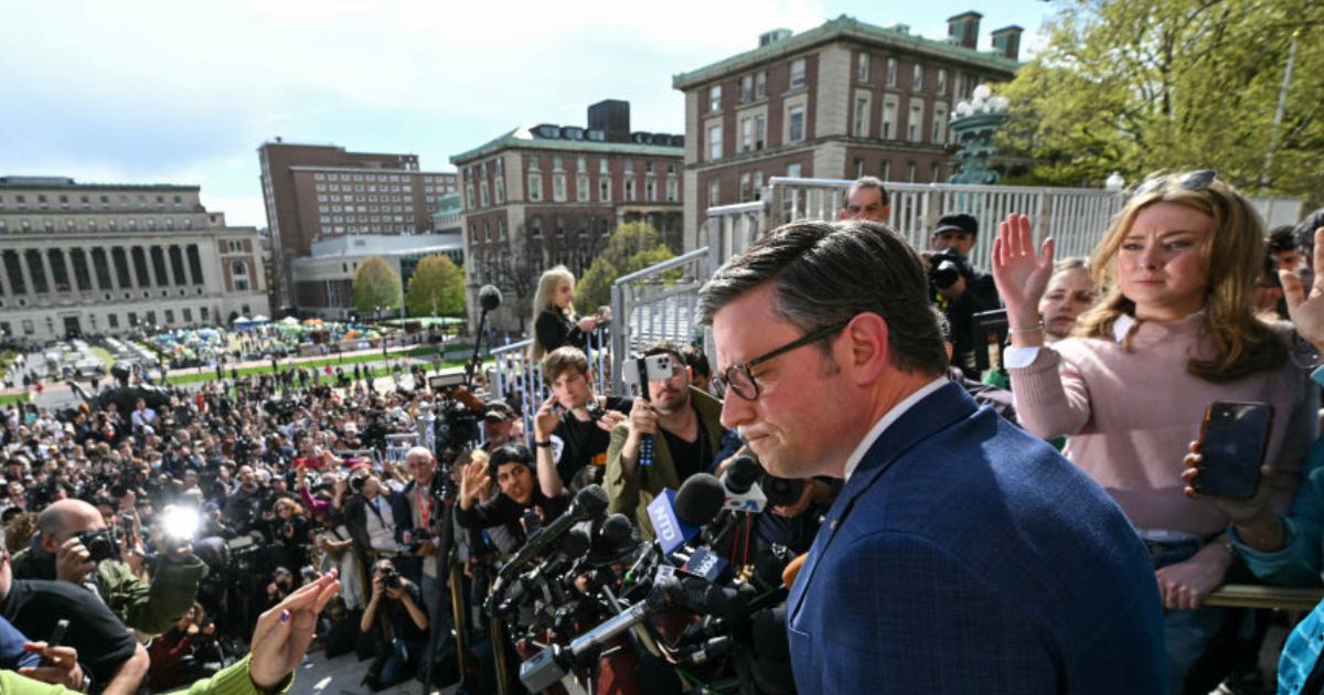 Speaker of the House Mike Johnson takes questions from the media after meeting with Jewish students, as pro-Palestinian students and activists continue to protest the Israel-Hamas war on the campus of Columbia University in New York City Wedmesday.