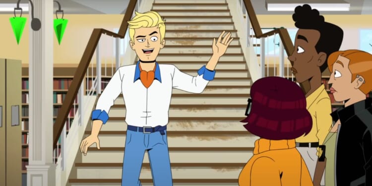 Fred walking down the stairs in the second season of the animated Max show "Velma"