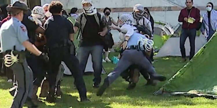 A Georgia State Patrol trooper tackles a pro-Palestine protester on the Emory University campus.