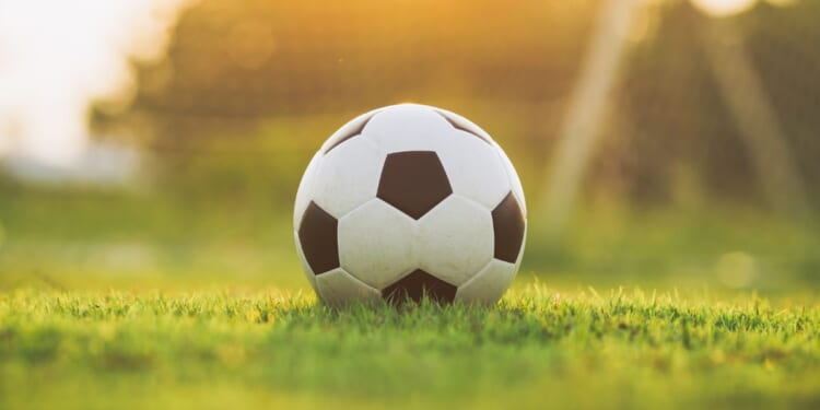 A stock photo shows a soccer ball sitting in the grass.